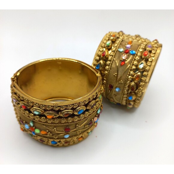 Vintage Mesh Hinged Wide, Gold Tone, Rhinestone Bangle Bracelet Pair - Picture 2 of 9